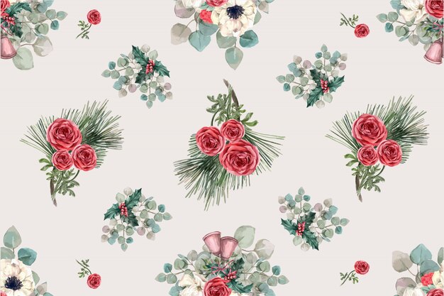 Motif de floraison hivernale avec anémone, rose, feuilles de pin