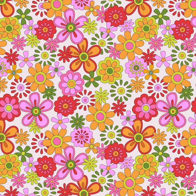 Motif Floral Groovy Coloré Dessiné à La Main