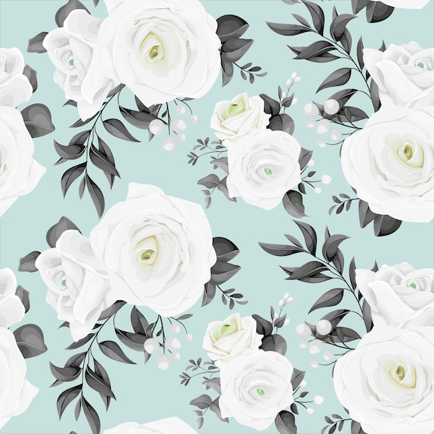 Un Motif Floral Avec Des Roses Blanches Sur Fond Bleu.