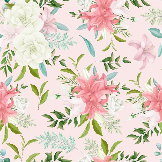 Motif floral sans couture élégant avec une belle fleur et des feuilles de dessin à la main