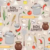 Vecteur gratuit motif de fond sans couture bon appetit avec des ingrédients dispersés et des ustensiles de cuisine pour faire des pâtes raviolis italiens au format carré adapté au papier d'emballage papier et tissu