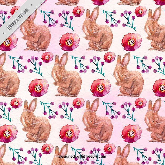 Vecteur gratuit motif de lapins de pâques avec des fleurs à l'aquarelle