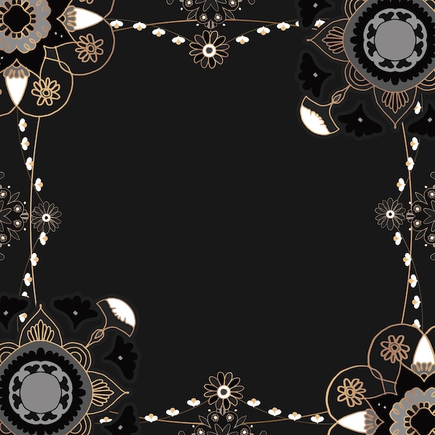 Motif Mandala Cadre Doré Floral Noir Style Indien