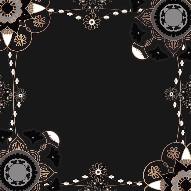 Motif mandala cadre doré floral noir style indien