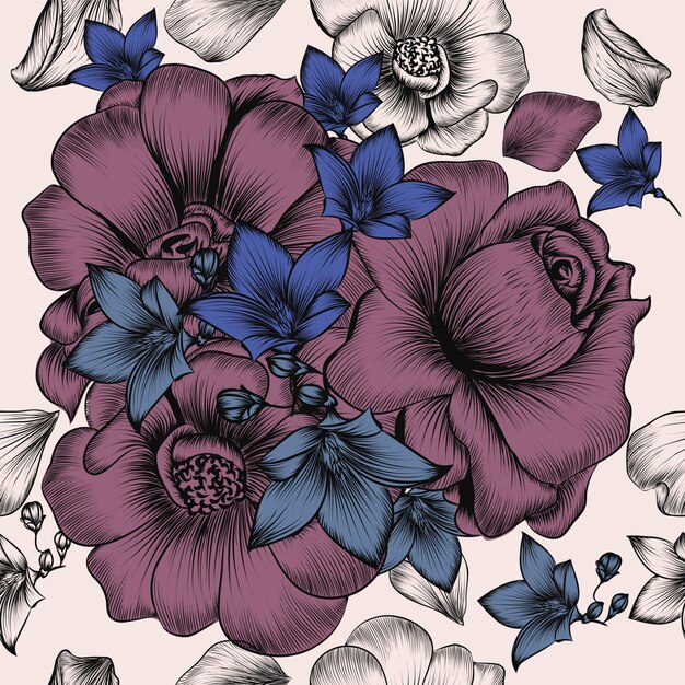Motif de papier peint floral avec des fleurs dessinées à la main gravée dans un style vintage