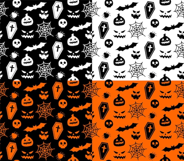 Motif répétitif sans couture avec des symboles d'halloween. conception de silhouettes pour la fête d'halloween. pour carte postale, tissu, bannière, modèle, papier d'emballage. plate illustration vectorielle.