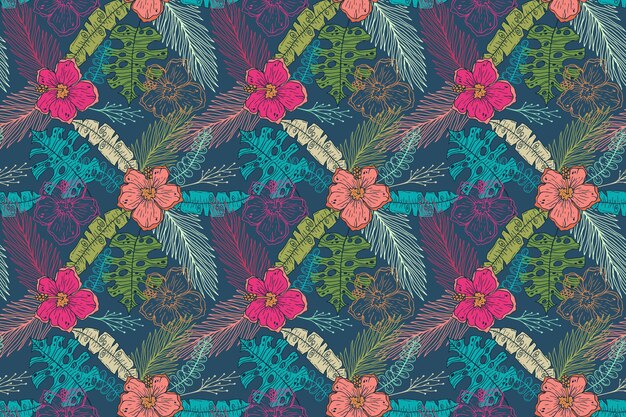 Motif tropical d'été dessiné à la main