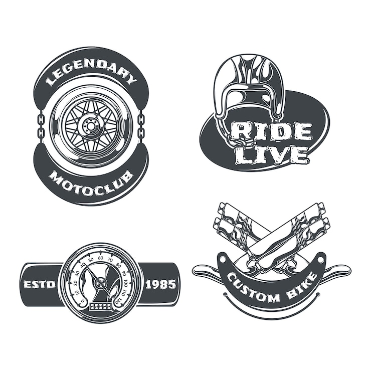 Vecteur gratuit motoclub ensemble d'emblèmes monochromes isolés avec texte modifiable et images de roues de chaînes et casque