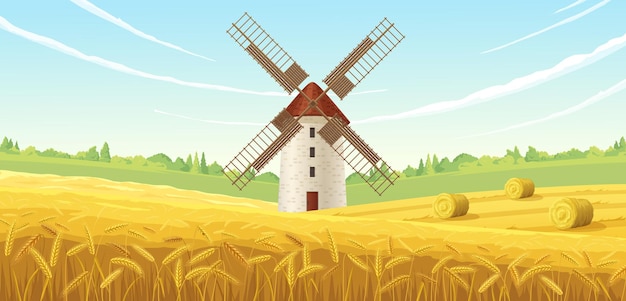 Vecteur gratuit moulin de ferme dans une illustration de champ de blé