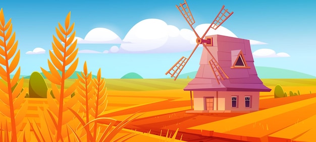 Vecteur gratuit moulin à vent sur le paysage naturel de la ferme, champ labouré