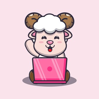 Mouton mignon avec ordinateur portable illustration animale de dessin animé mignon