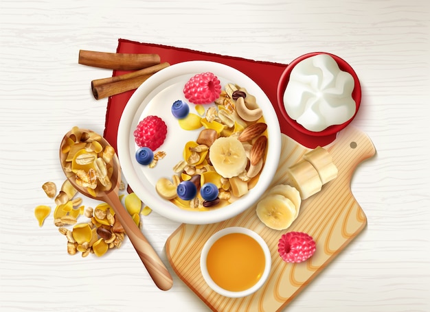 Vecteur gratuit muesli réaliste petit-déjeuner sain avec vue de dessus de table avec cuillère à céréales et assiettes