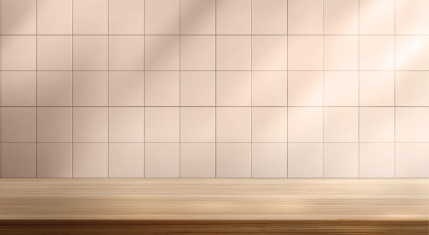 Vecteur gratuit mur de cuisine ou de salle de bain carrelé réaliste avec étagère en bois et ombres illustration vectorielle de dessus de table en chêne naturel pour la cuisine plate-forme de présentation de produits de beauté élément intérieur beige tendance