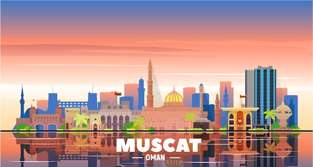 Vecteur gratuit muscat oman city skyline vecteur sur fond de ciel illustration vectorielle plane voyage d'affaires et concept de tourisme avec des bâtiments modernes image pour bannière ou site web