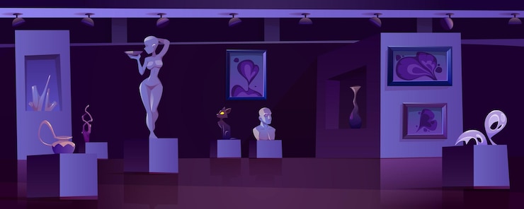 Vecteur gratuit musée avec œuvres d'art modernes à l'intérieur de la galerie d'art de nuit avec exposition contemporaine