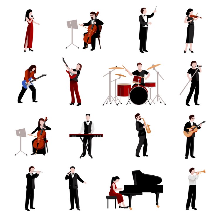 Vecteur gratuit musiciens plats icônes sertie de joueurs de guitare pianiste clarinette trompette