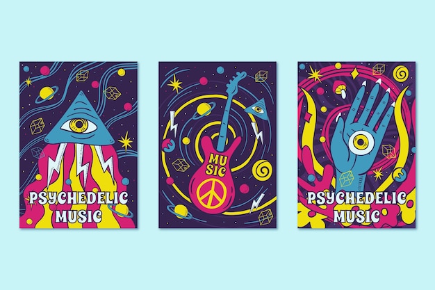 Vecteur gratuit la musique psychédélique couvre le style des années 60 et 70