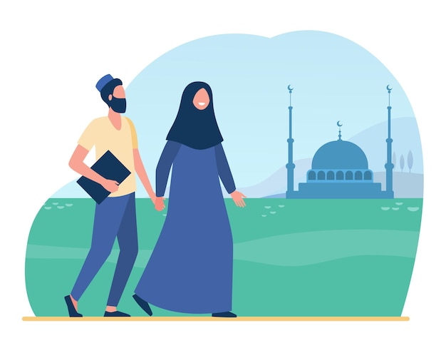 Vecteur gratuit les musulmans vont à la mosquée. islam, hijab, culte illustration plate. illustration de bande dessinée