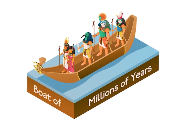 Mythes Du Concept De Conception Isométrique De L'égypte Antique Avec Un Groupe De Dieux Flottant Dans L'illustration Vectorielle De Dessin Animé De Bateau