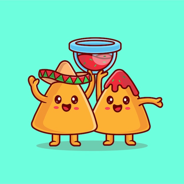 Vecteur gratuit nachos mignons portant un chapeau et tenant une icône de vecteur de dessin animé de sauce chili illustration icône de vacances alimentaires