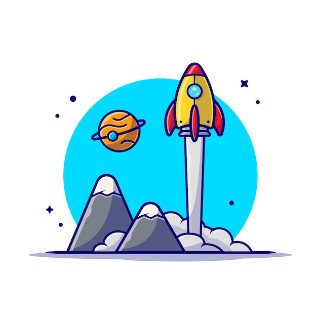 Vecteur gratuit navette spatiale qui décolle avec la planète et la montagne de l'espace cartoon icon illustration.