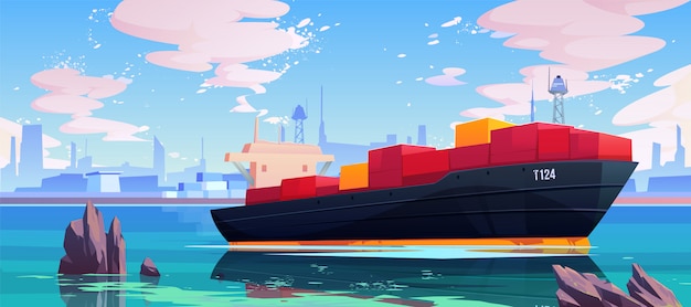 Navire Cargo En Illustration De Quai Du Port De Mer
