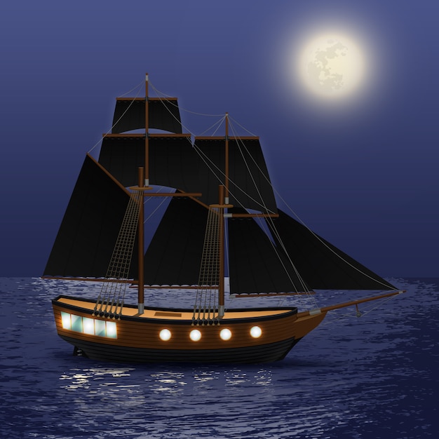 Vecteur gratuit navire vintage avec des voiles noires au fond de la mer de nuit