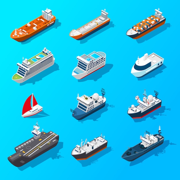 Vecteur gratuit navires bateaux navires isométrique icon set