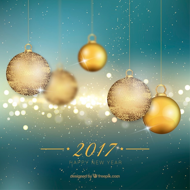 Vecteur gratuit new year background avec des boules de noël dorées