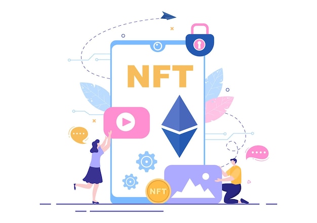 Nft non fungible token crypto art de la conversion en réseau numérique avec des serveurs de pièces pour bannière ou affiche sur fond plat illustration