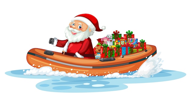 Noël père noël sur bateau pneumatique avec ses cadeaux