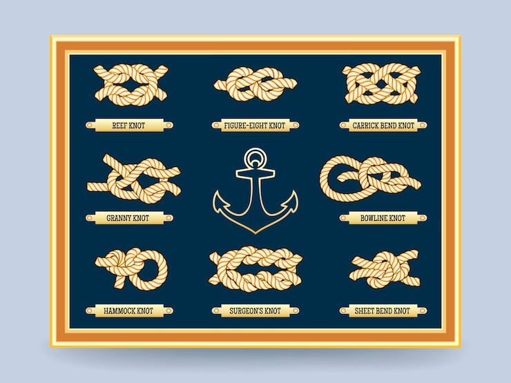 Vecteur gratuit noeuds de corde nautique sur la planche dans le cadre. noeud de bowline et le chiffre huit.