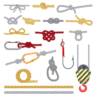Noeuds mis en illustrations vectorielles. corde solide nouée avec différents nœuds compliqués, boucle, arc, crochet de pêche et de chargement, mousqueton en métal pour équipement d'escalade ou de corde nautique. ensemble d'icônes plat isolé