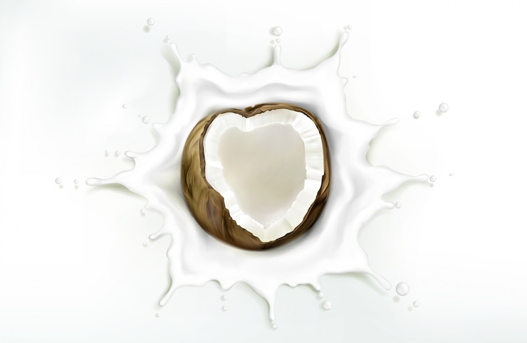 Vecteur gratuit noix de coco en éclaboussures de lait sur fond blanc