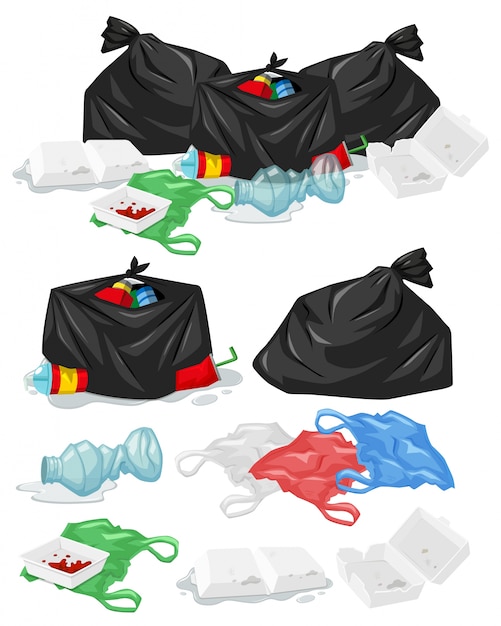 De nombreux tas de déchets avec des sacs en plastique et des bouteilles d&#39;illustration
