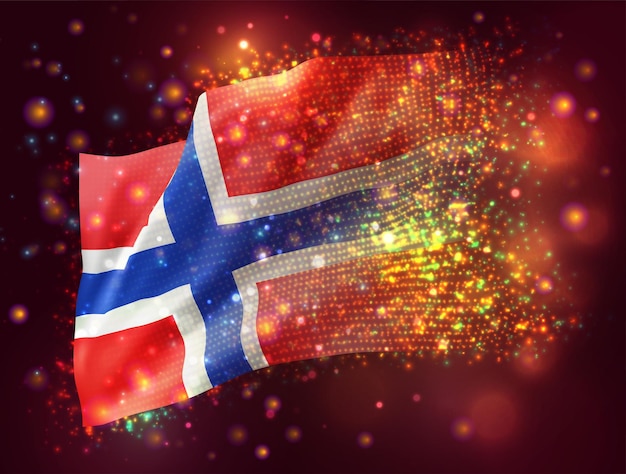Norvège, vecteur drapeau 3d sur fond violet rose avec éclairage et fusées éclairantes