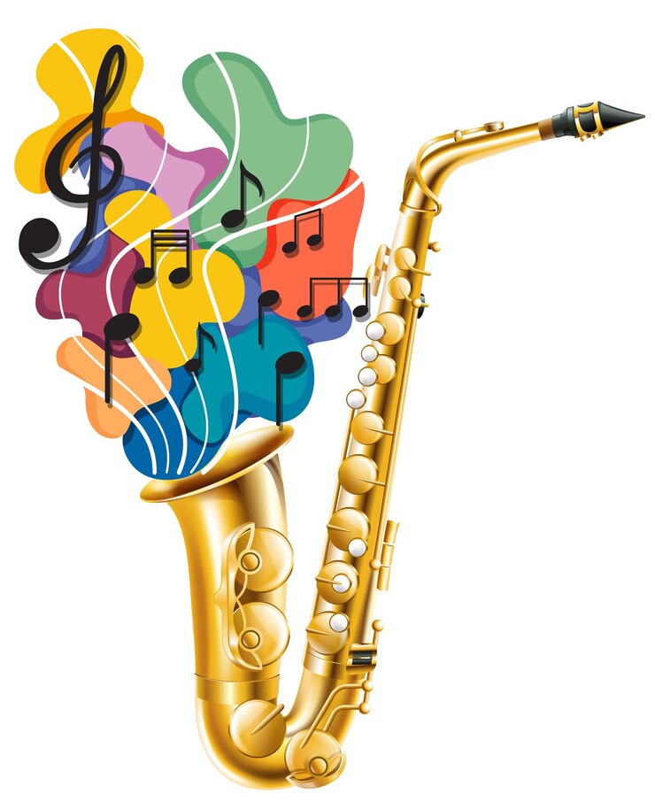 Vecteur gratuit notes de musique arc-en-ciel coloré avec saxophone sur fond blanc