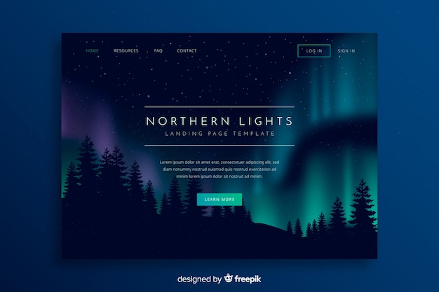 Nothern lights above forest landing page
