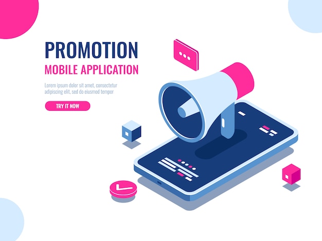 Vecteur gratuit notification mobile, haut-parleur, publicité et promotion d'applications mobiles, gestion numérique des relations publiques