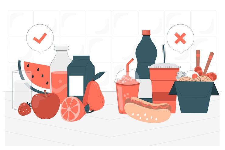 Vecteur gratuit nourriture saine vs illustration de concept de restauration rapide