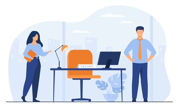 Nouveaux employés nécessitant au bureau pour travailler illustration vectorielle plane isolée. Cartoon HR Manager embauche ou recrute du personnel. Recrutement, vacance et concept d'entreprise