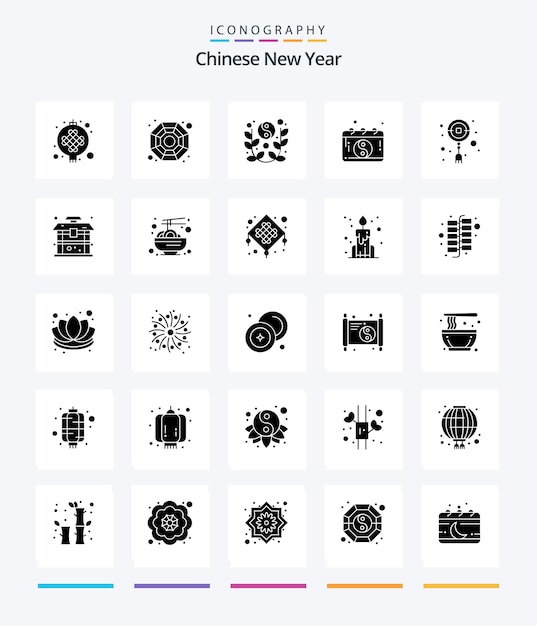 Vecteur gratuit nouvel an chinois créatif 25 pack d'icônes noir solide glyphe tel que la décoration mandarin nouveau calendrier chinois