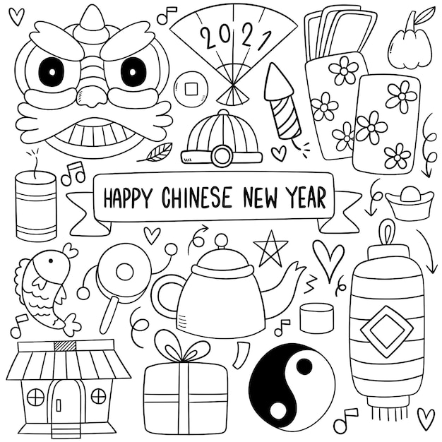 Nouvel an chinois avec style doodle icône