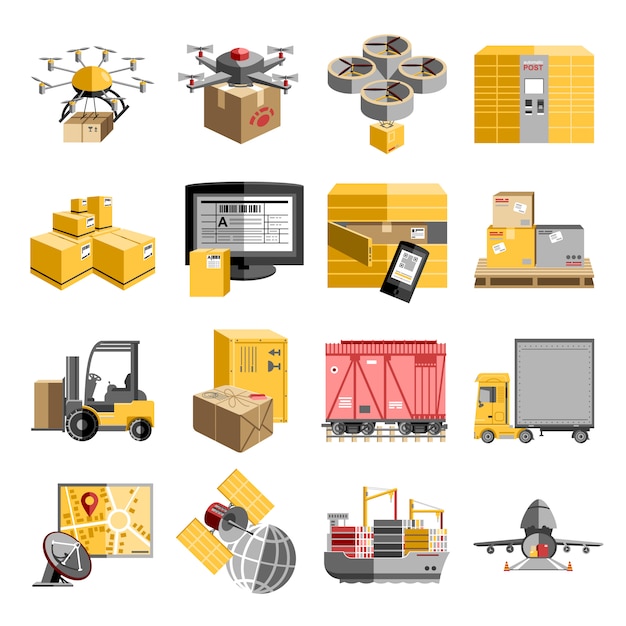 Nouvelle Collection De Pictogrammes Plats Avec Systèmes De Distribution Décentralisée Non Habités Avec Drone Volant