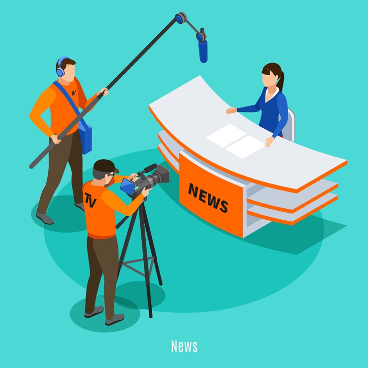 Vecteur gratuit nouvelles en direct dans le studio de télévision isométrique avec l'équipe de tournage et annonceur au lieu de travail illustration vectorielle