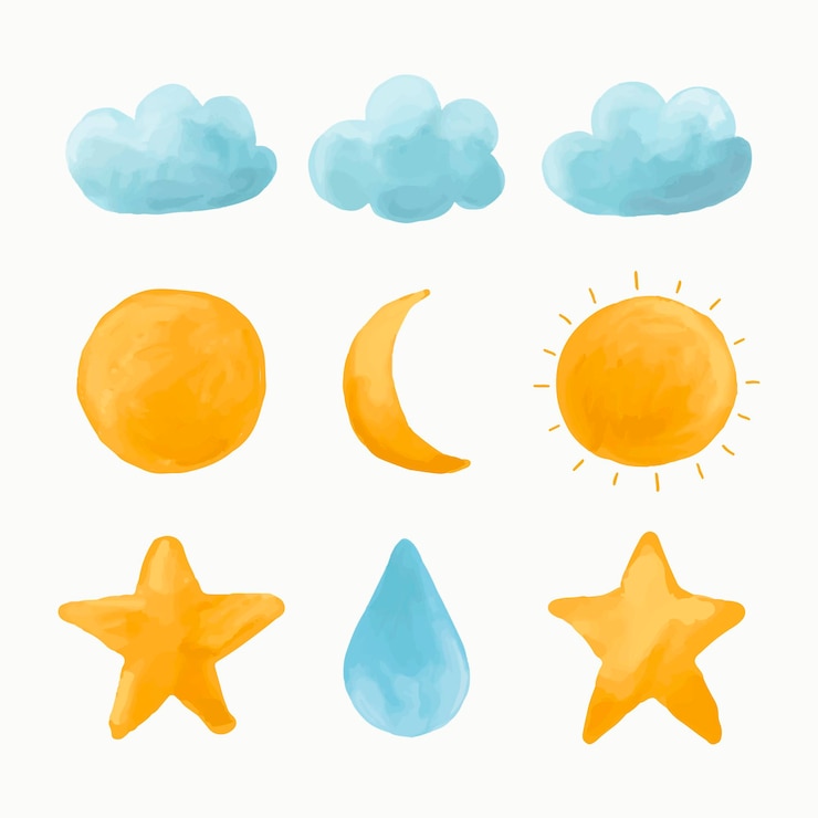 Vecteur gratuit nuage aquarelle, soleil, lune, jeu d'étoiles vectorielles