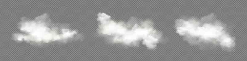 Vecteur gratuit nuages cumulus réalistes ensemble isolé sur fond transparent illustration vectoriel de texture de fumée transparente blanche émission de gaz d'évaporation de brouillard abstrait dans l'air éléments de conception du ciel