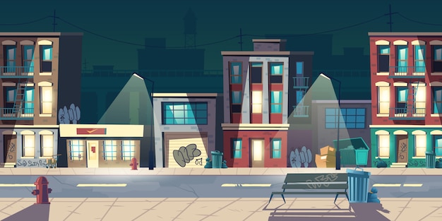 La nuit du Ghetto, des bidonvilles, des bâtiments anciens avec des fenêtres luminescentes et des graffitis sur les murs. Les logements délabrés se tiennent sur le bord de la route avec des lampes, des bornes d'incendie, des poubelles illustration vectorielle de dessin animé