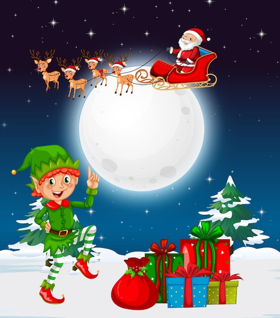 Nuit D'hiver Enneigée Avec Le Lutin De Noël Et Le Père Noël