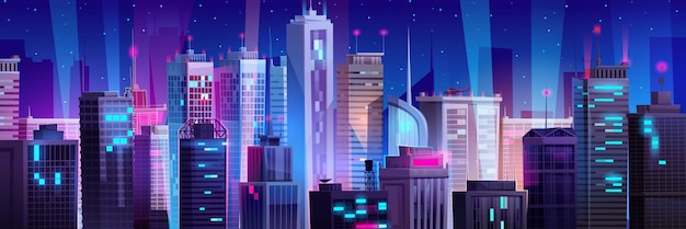 Nuit Néon Gratte-ciel Bâtiment Paysage Urbain Vecteur Fond Futur Horizon Urbain Paysage Vue Dessin Animé Conception Illustration Abstrait Violet Foncé New York Métropole Architecture Panorama Toile De Fond